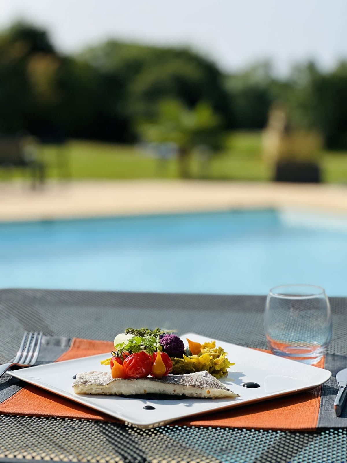 Une assiette du 215 en terrasse, au bord de la piscine